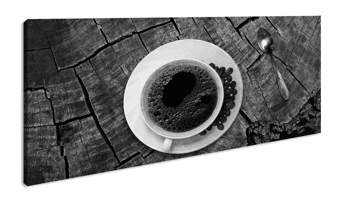 Magnífico café de la mañana panorámico 100 x 50 cm, efecto: negro/blanco como lienzo, diseño listo enmarcado en marco de madera auténtica, impresión digital de alta calidad con marco