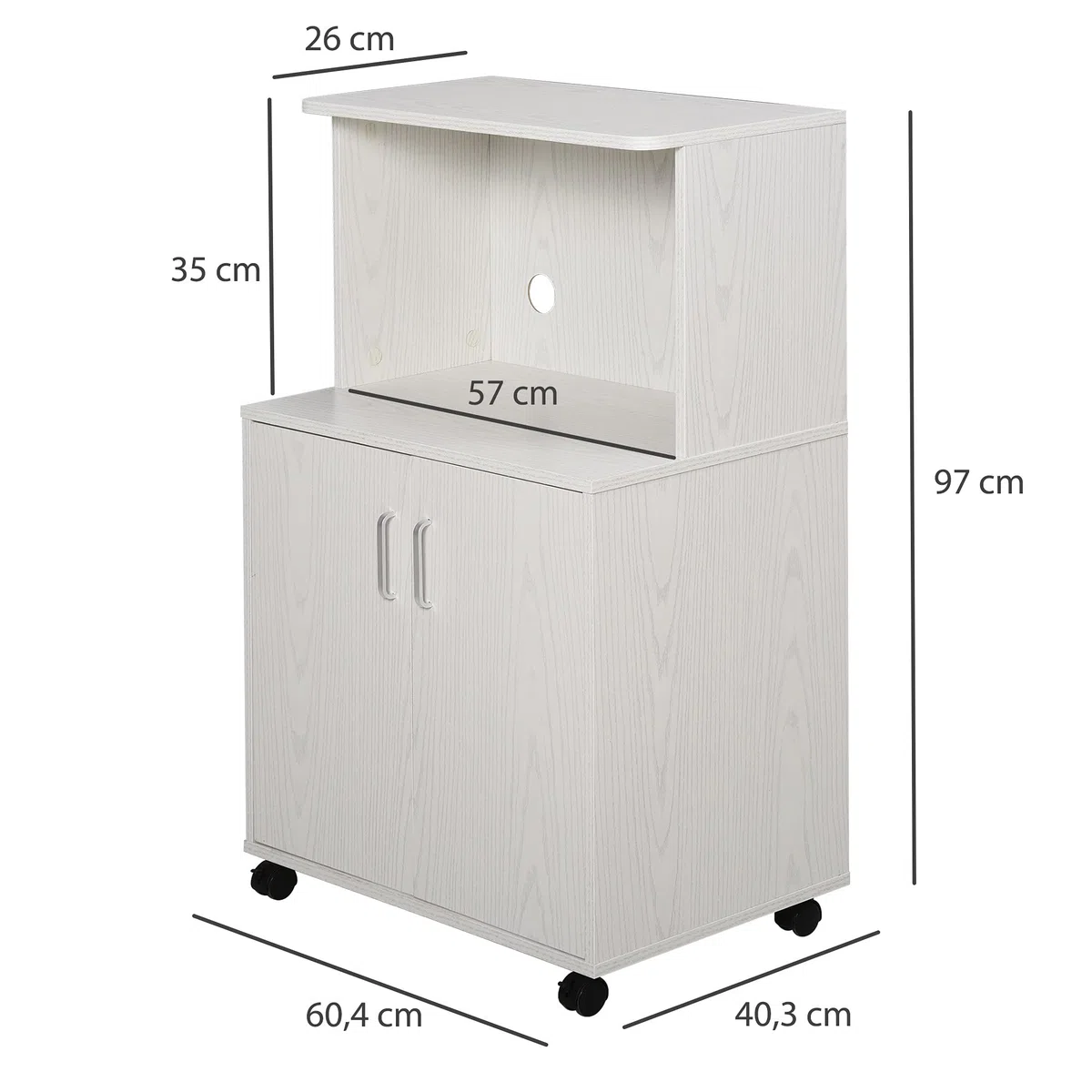 HOMCOM Aparador Auxiliar para Microondas con Ruedas 60,4x40,3x97 cm Blanco | Armario Bajo de Cocina, Armario de 2 Puertas, Estante Ajustable, Carga 70 kg