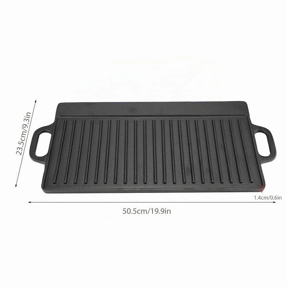 Plancha Hierro Fundido Antiadherente Doble Cara Reversible Dos Asas, para Barbacoa Parrilla Gas Carbón, Uso Horno Fuego Abierto 50.5x23.5x1.4cm