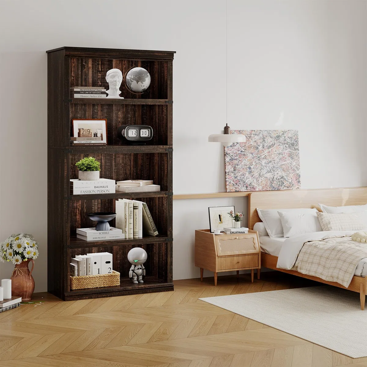 Zstar Librería de 5 Niveles Estanterías de Madera,Granja Moderno con Almacenamiento para Despacho, salón Dormitorio,80x32x171 cm Roble Oscuro