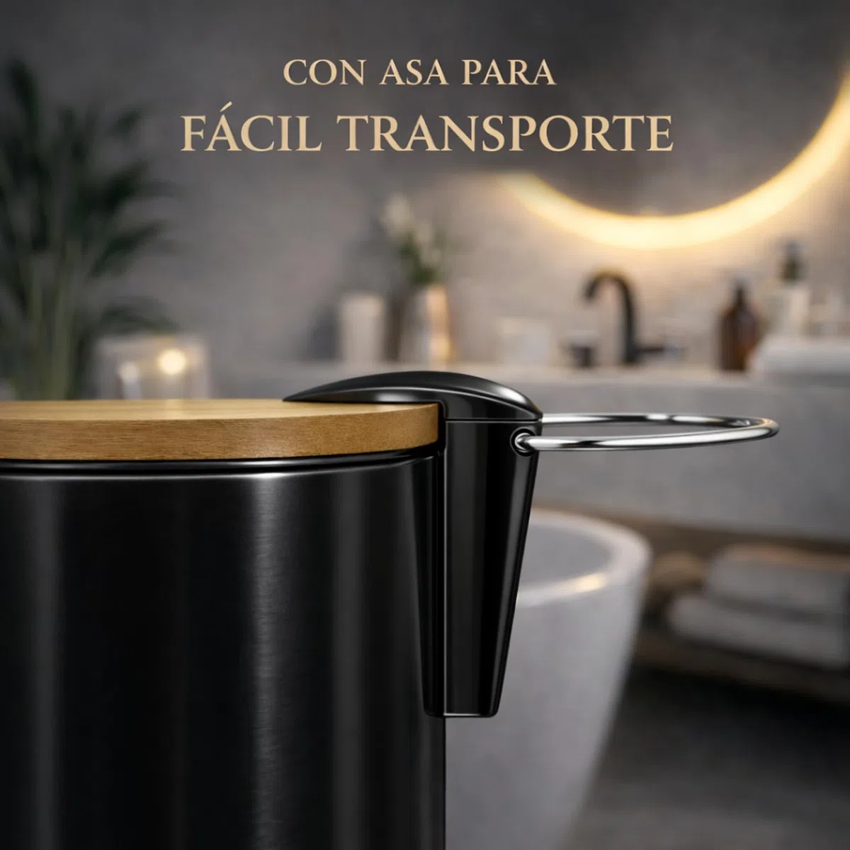 TIENDA EURASIA – Set de Baño Papelera 3L + Escobillero | Metal con Tapa de Bambú | Cubo Interior Extraíble | Papelera con Pedal y Asa para Transportar | Diseño Moderno | para Baño (Negro)