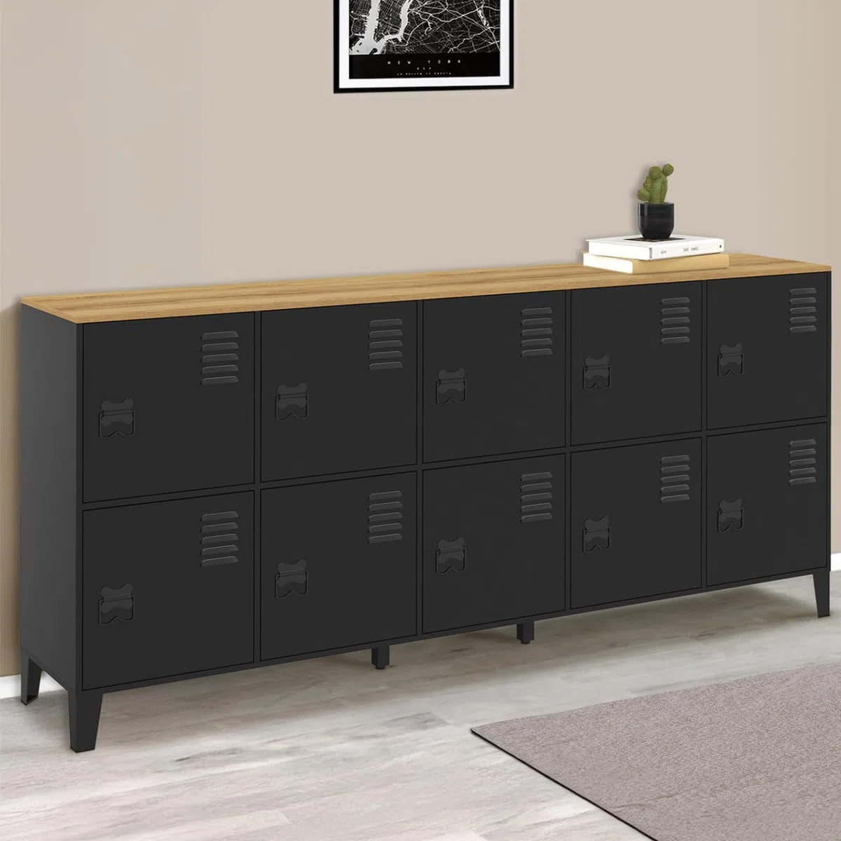 IDMarket – Aparador de armario 180 cm Ester 10 puertas de metal negro bandeja madera diseño industrial