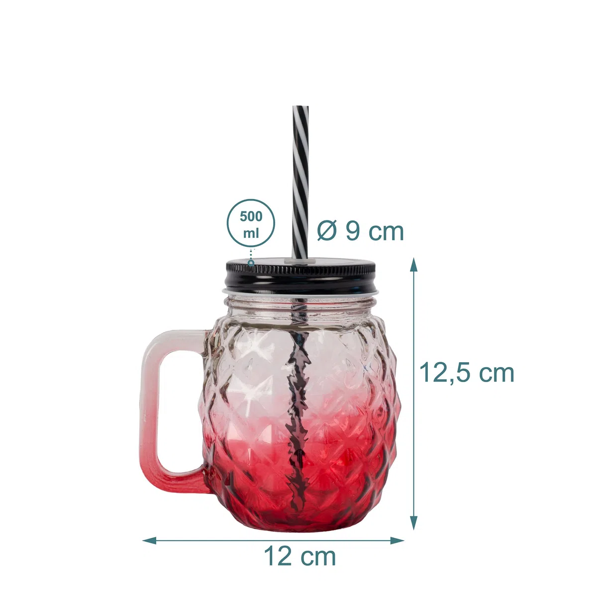 Relaxdays Vasos con Tapa y Pajita, Set de 4, 500 ml, diseño piña, asa, Cristal Coloridos, 12.5x12x9 cm