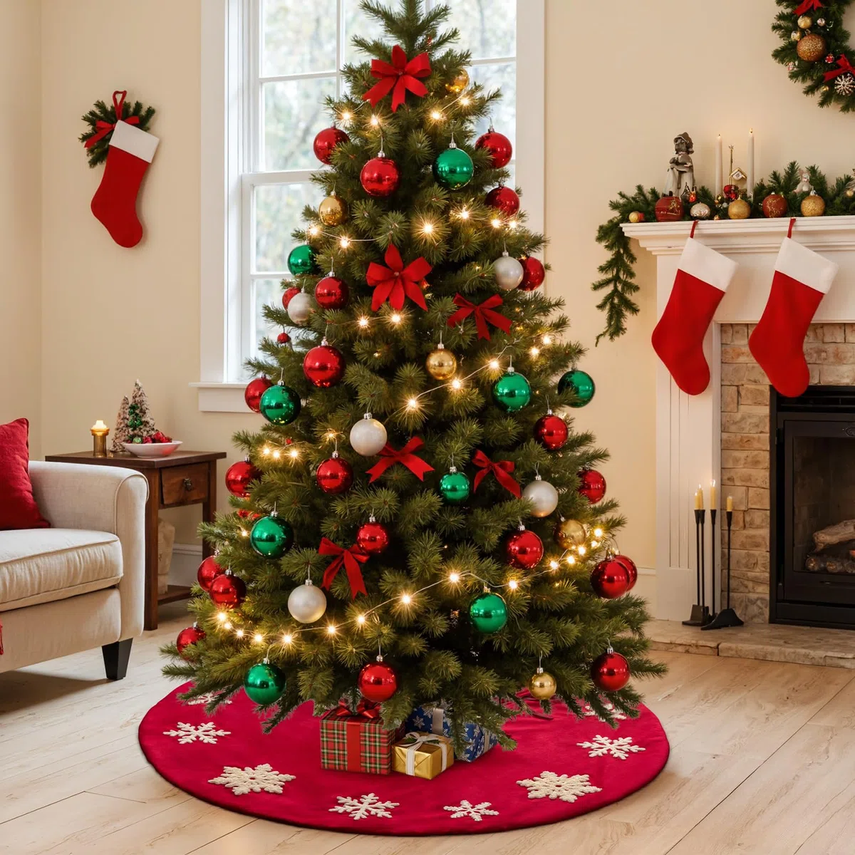 Lanpn Falda Cubre Pie para Arbol de Navidad de 90cm, Grande Terciopelo Copo de Nieve Redondas, Cubiertas para Base Alfombra para Decoración Navideña de Interiores (Rojo)