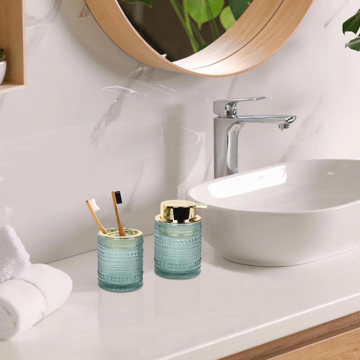 FEILANDUO Juego de accesorios de baño, 4 accesorios de baño de cristal, decoración de baño, dispensador de jabón, juego de soporte para cepillo de dientes, tarro de boticario, regalo para el