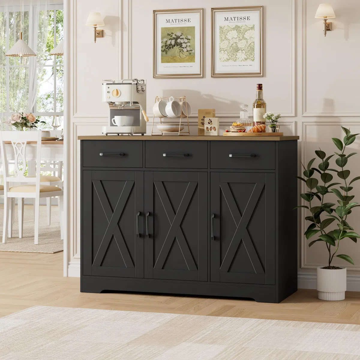HOCSOK Aparador Cocina, Armario de Cocina con 3 Cajones y 3 Puertas, Armario de Almacenamiento para Salón, Comedor, Estantes Ajustables, Negro y Marrón | Armario buffet de cocina con 3 cajones y 3 puertas, armario de cocina para salón, cocina, comedor