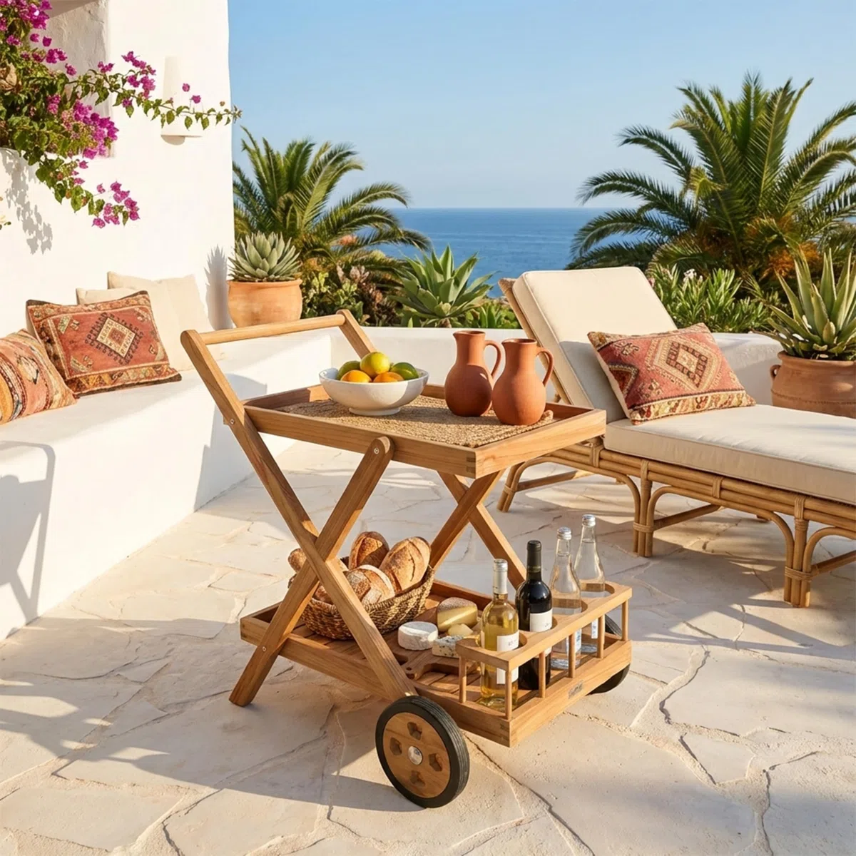 AXI Bodhi Carro de Servicio de Madera de Teca con 2 estantes y Botellero | De Cocina con Ruedas para Jardin, Balcon, Terraza | 70 x 48 x 78 cm