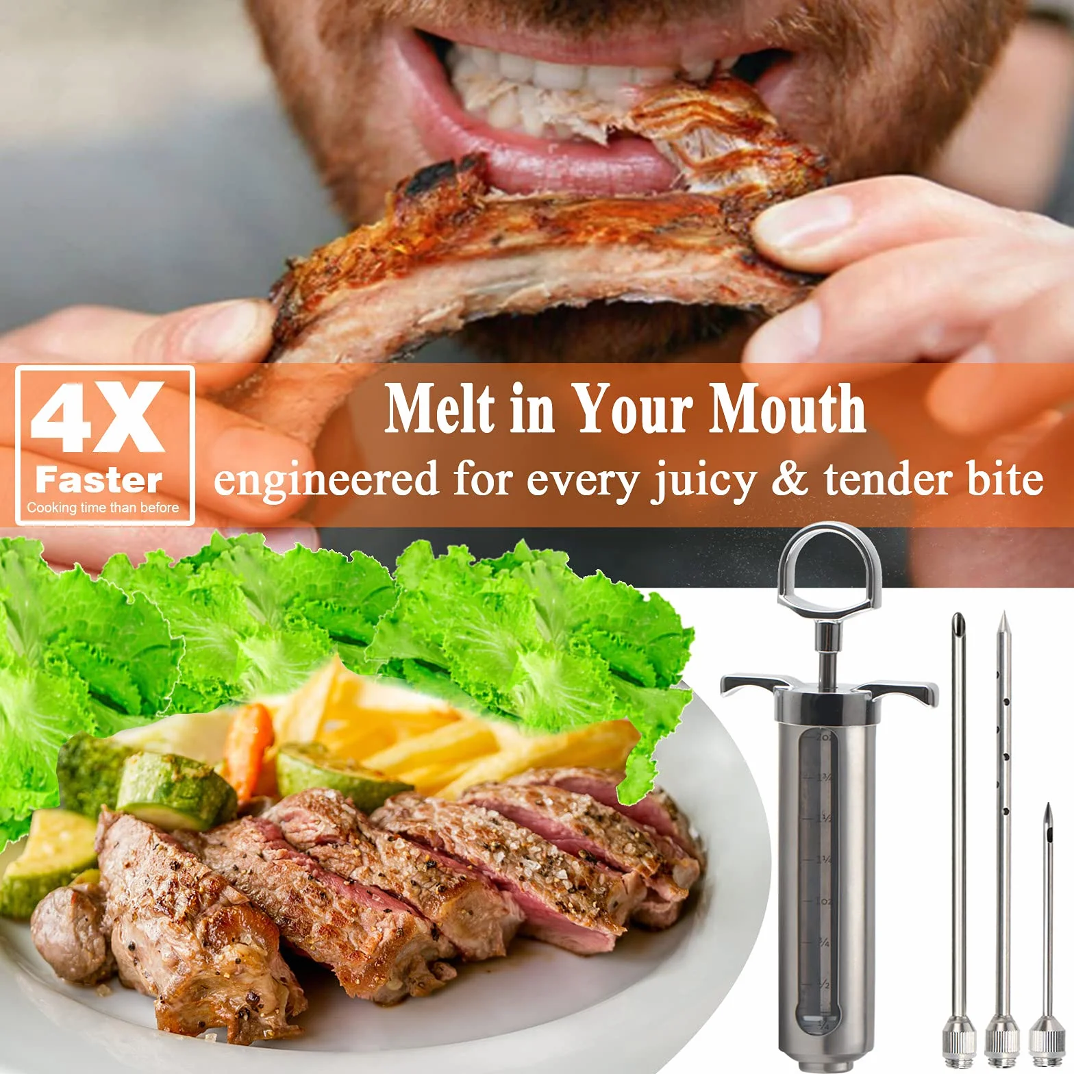 DePango Jeringuilla Cocina, Jeringa de Carne de Acero Inoxidable, 60ml Kit Jeringa Cocina Inyector de Adobo con 3 Agujas de Carne para Carne de res/bistec/cerdo/pollo/pavo a la barbacoa BBQ