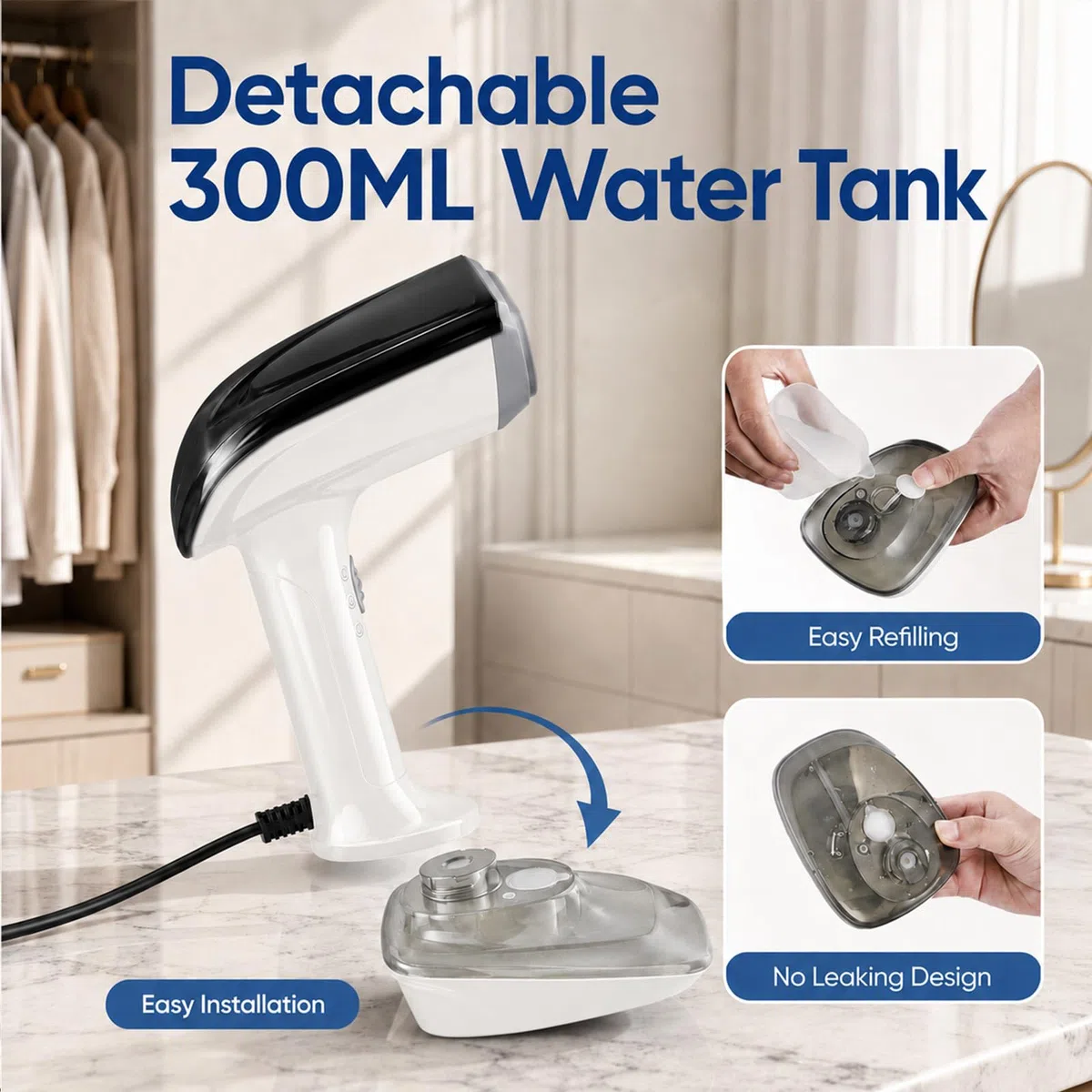Vaporizador de Mano 1200W, Calentamiento Rápido 30s, Vapor Continuo 23g/min, Depósito 300ml Desmontable, Vaporizador Portátil para Ropa con Accesorios