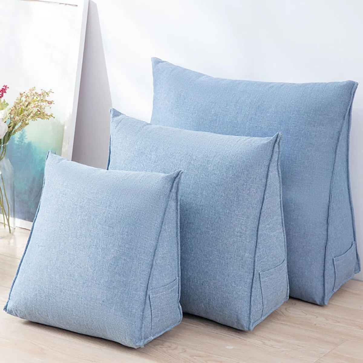 Cojín ergonómico triangular para la espalda, 40/47/60 cm, para cama/sofá, funda extraíble lavable, bolsillo lateral, almohada de lectura, soporte lumbar, 40 x 35 x 17 cm