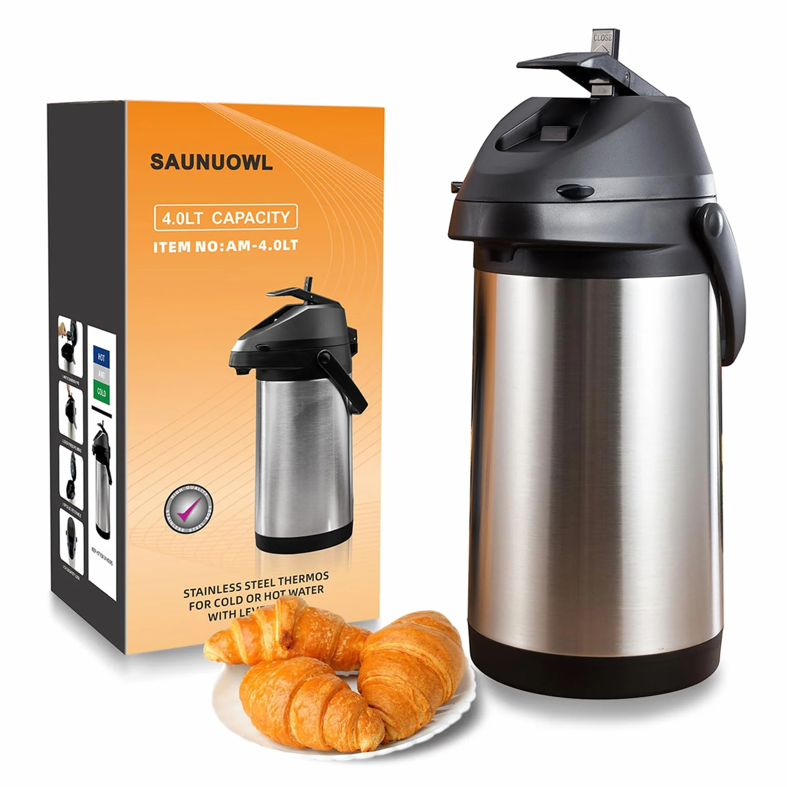 Cafetera isotérmica con bomba 4L, botella isotérmica de acero inoxidable, hervidores aislados al vacío, aislamiento térmico 24 horas, para hervidores, teteras y cafeteras para mantener calientes