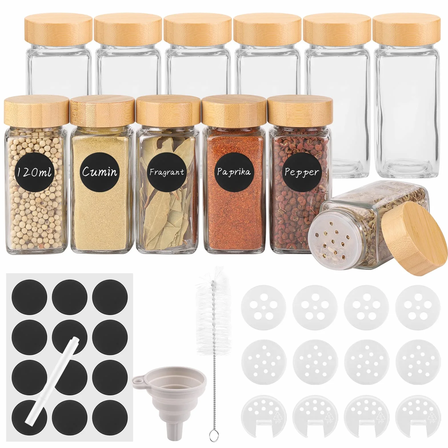 Withosent Juego de 12 tarros de especias rectangulares con tapa de rosca, 120 ml, tarros de especias con tapa, dispensador de especias de cristal, especias, almacenamiento con inserto para esparcir,
