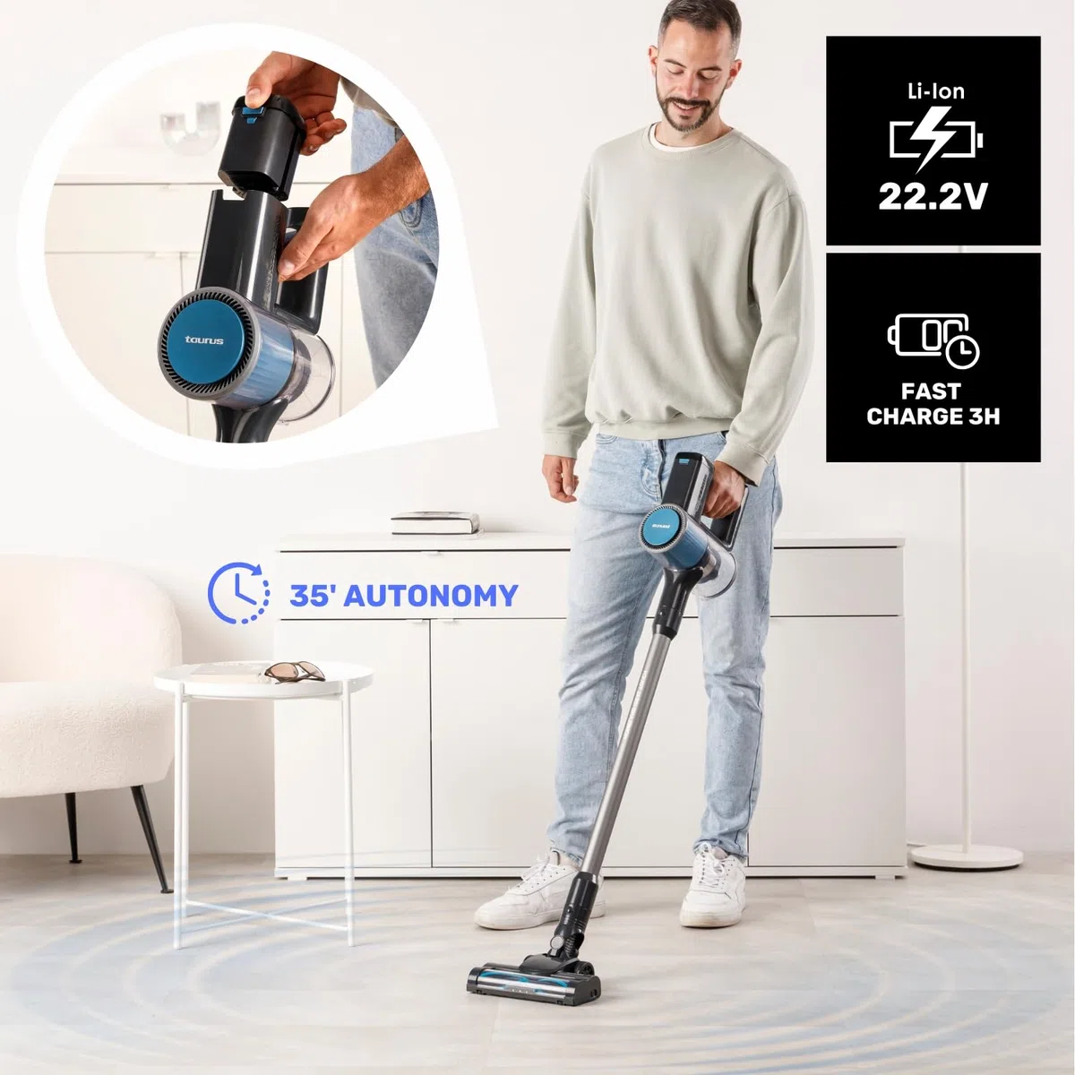 Taurus – Aspirador sin Cable Homeland Ideal Touch, Batería extraíble, Carga Rápida, 180W, 35 min autonomía, Filtro HEPA, Turbo Brush, LED, Pantalla Digital, Depósito 600ml, Accesorios