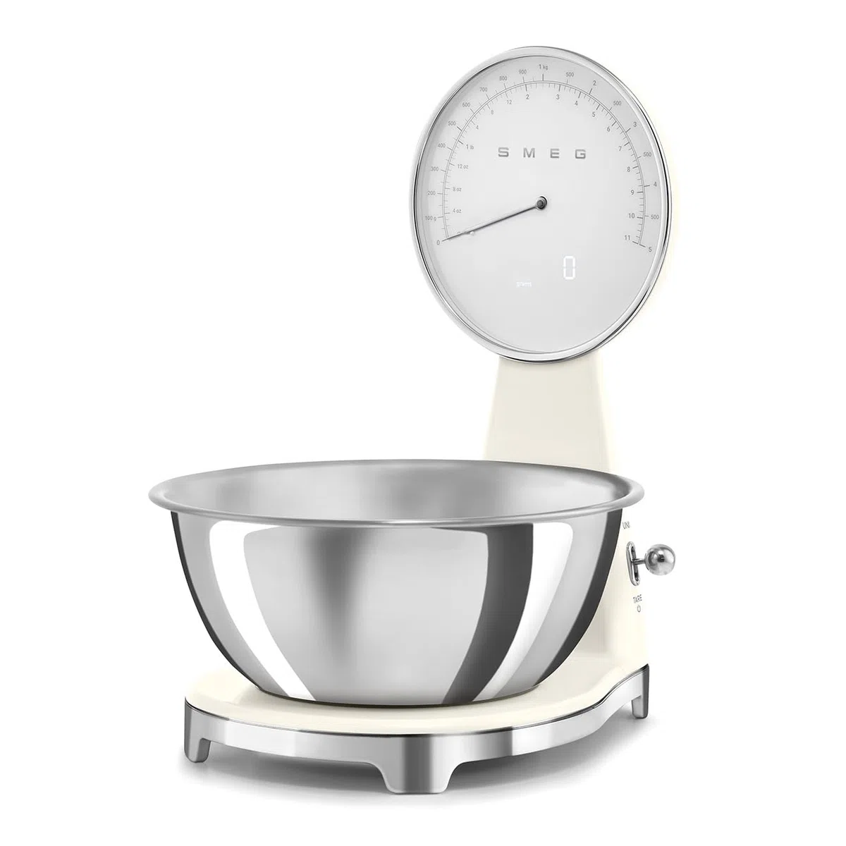 Smeg, báscula de cocina digital y analógica KSF01PBWW, cuenco extraíble de acero inoxidable de 1,8 L, cuatro unidades de medición g/ml y lb.oz/fl.oz, con función tara, capacidad máxima de 5 kg, crema