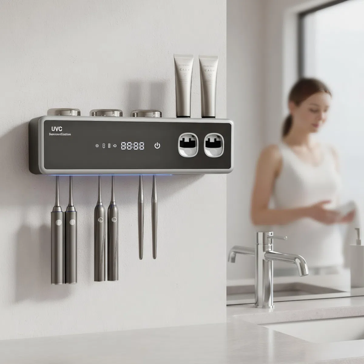 Soporte Inteligente para Cepillo de Dientes con Esterilización UV y Dispensador Automático de Pasta de Dientes, Organizador de Cepillo de Eléctrico Montado en la Pared con Función de Secado