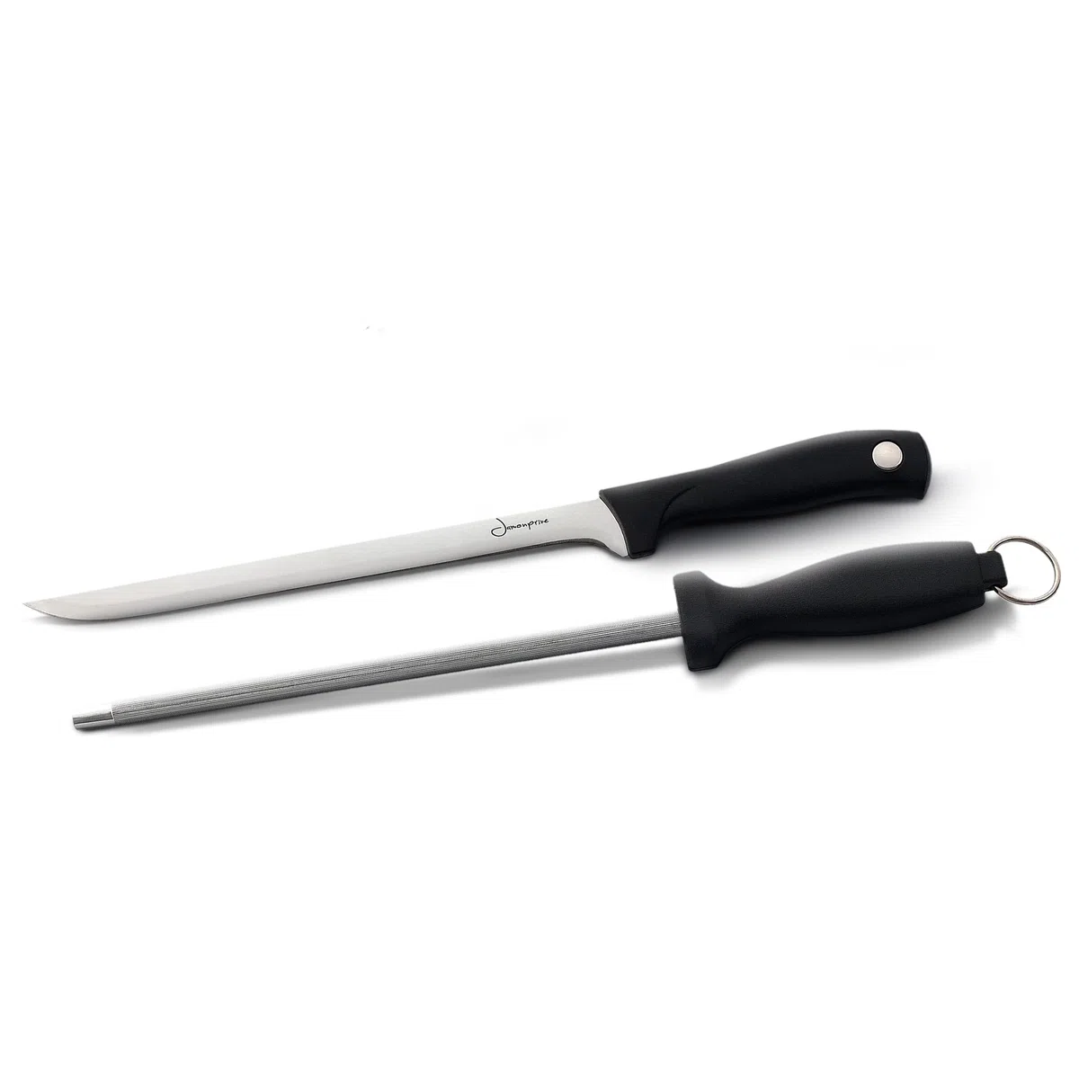 Soporte Jamonero Lacado Nogal y Gomas Antideslizantes + Cuchillo + Chaira - Jamonera ideal para Jamón Serrano e Ibérico Jamonprive