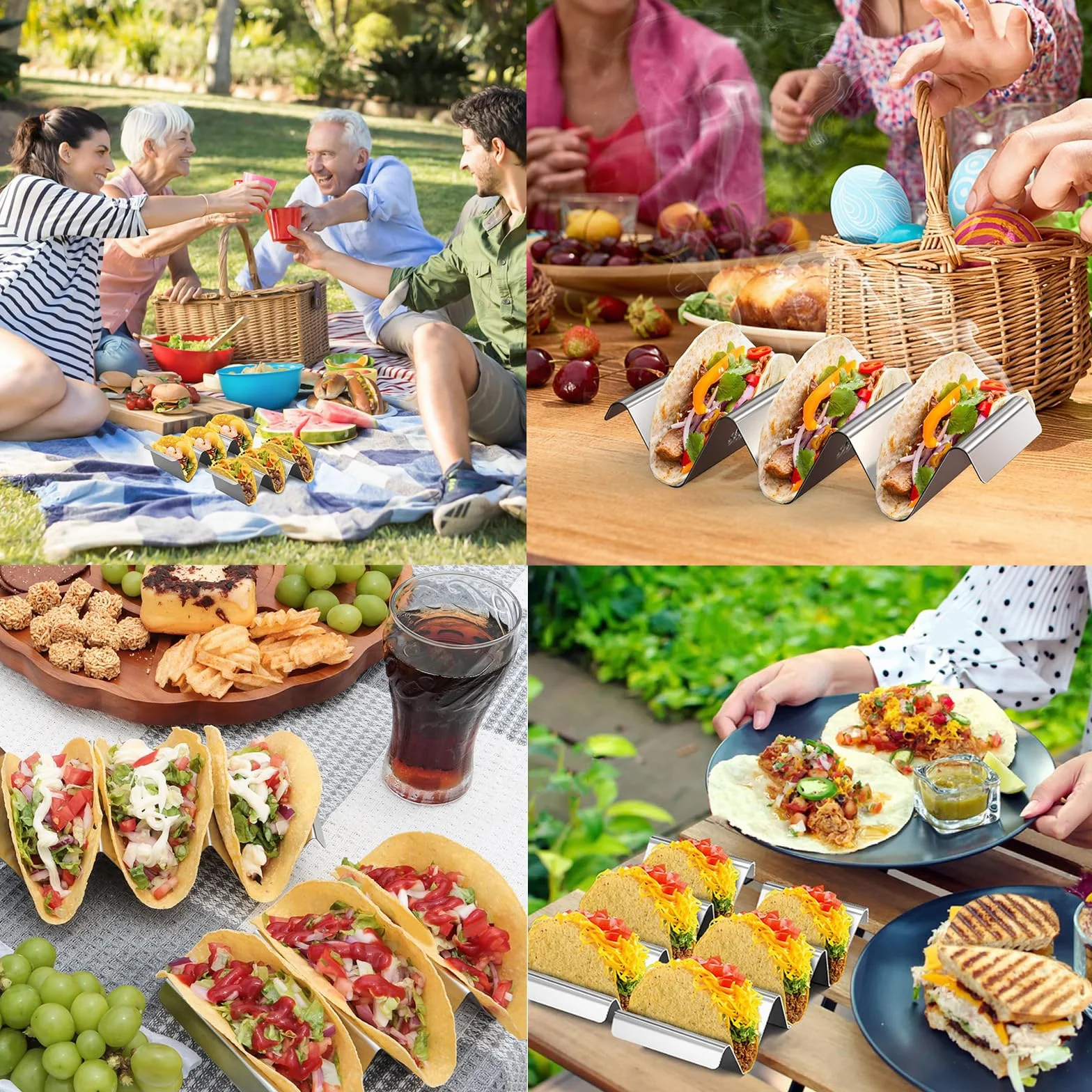 4 Soporte para Tacos, Soportes para Tacos de Acero Inoxidable con Asas Incorporadas, Bandeja para Taco Burritos Tapas, Sujetar Tacos, Bocadillos, Perritos Calientes y Tortitas Seguro Horno y Parrilla