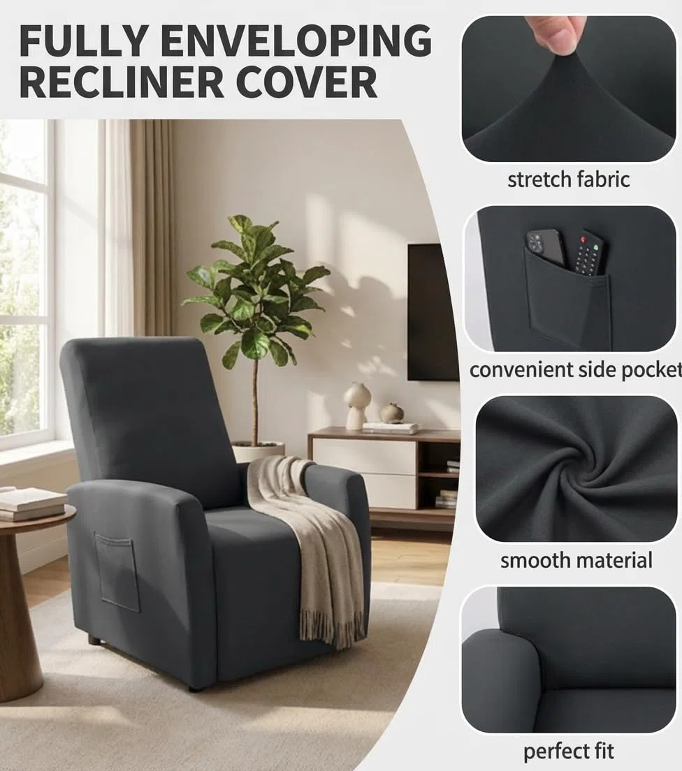 Highdi Funda Sillon Relax Reclinable, Elástica Funda Sillon Relax 1 Plaza, Gris Oscuro 4 Piezas Funda para Sofá Reclinable con Bolsillos Laterales Extraíble y Lavables