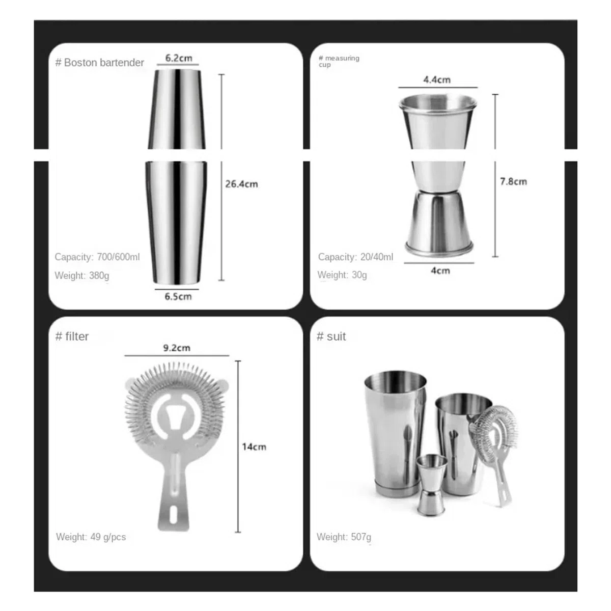 Jigger Juego de 4 cocteleras mezcladoras, Kit de Barman, coctelera de Bebidas Mixtas de 18 oz y 28 oz, colador, medidor Doble