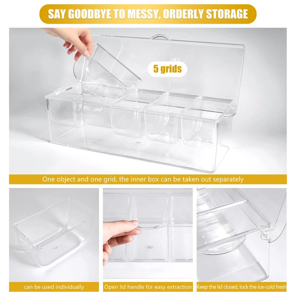 Bandeja de condimentos con vajilla de acero inoxidable, servidor de condimentos refrigerados | Accesorios de barra con 5 cucharas, 5 tenedores y 1 clip con bandejas extraíbles y tapa