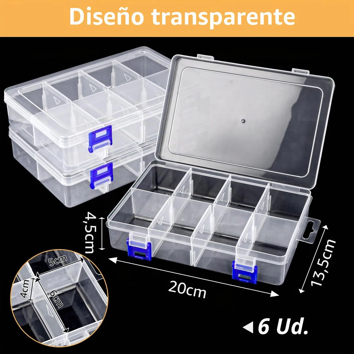 Pack de 6 Caja Organizadora Tornillos, Caja Tornillos Organizador con 8 Compartimentos y Separadores Extraibles, Cajas Plastico Transparentes Hogar