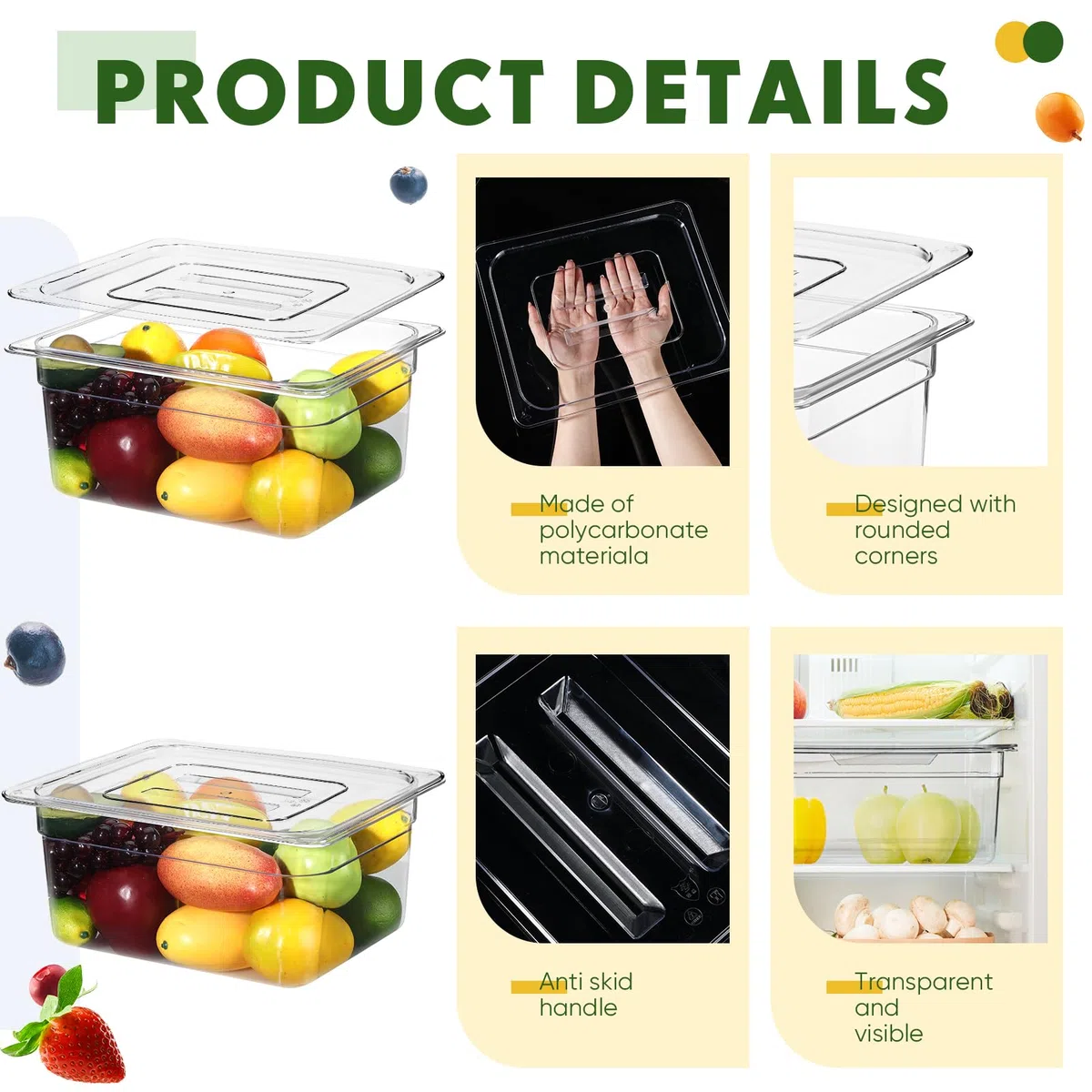 Didaey 16 sartenes transparentes de policarbonato con tapa, apilables a granel, bandeja de almacenamiento comercial, contenedor de almacenamiento de alimentos acrílico, sartén de plástico de hotel