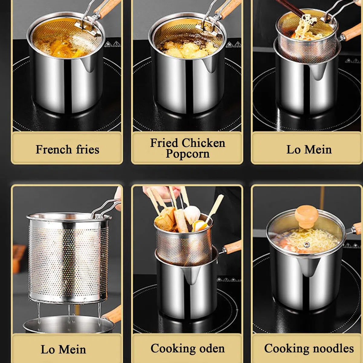 Olla Freidora Con Cesta Coladora | Freidora Acero Inoxidable Con Malla Y Tapa A Prueba De Polvo | Sartén Pequeña Multifuncional Para Grasa, Freír, Cocinar