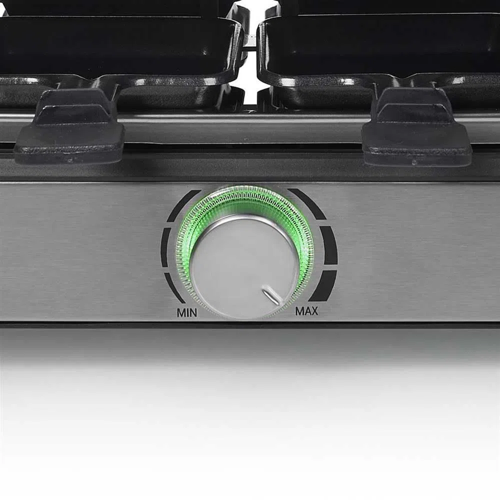 Tristar RA-2725 Raclette multifuncional cinco en uno, plancha de asar, parrilla, raclette y plancha de piedra, termostato regulable, superficie doble de 21 x 23 cm, Para 8 comensales, 1400 W