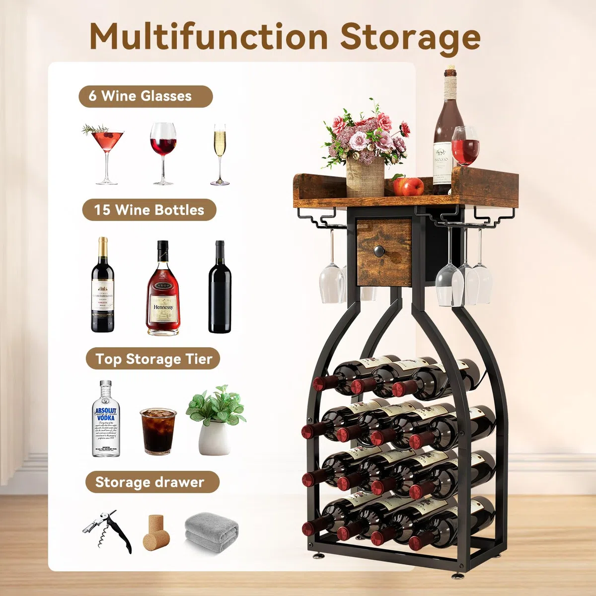 Botellero independiente IBUYKE para 15 botellas, con soporte de cristal y cajón de almacenamiento, mini estantería, para cocina, bar y comedor, marrón rústico TMJ908H