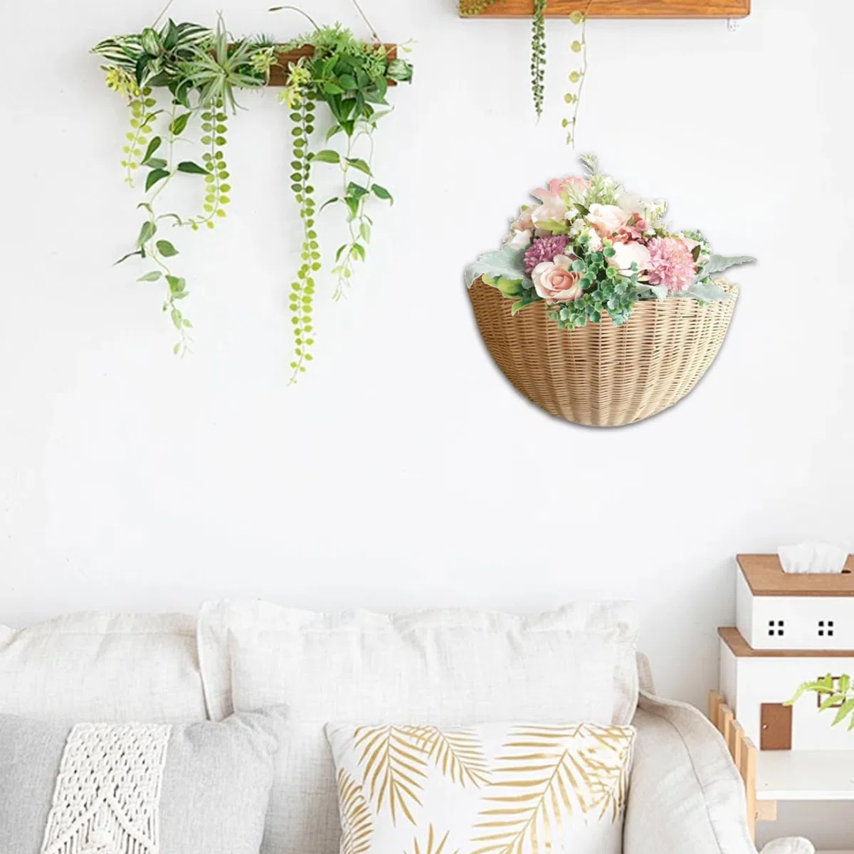 Cesta de colgantes de mimbre Cesta de almacenamiento de pared rústica rústica de 14x6x8 pulgadas para frutas, verduras, plantas, artículos de tocador, organizador decorativo para cocina y baño