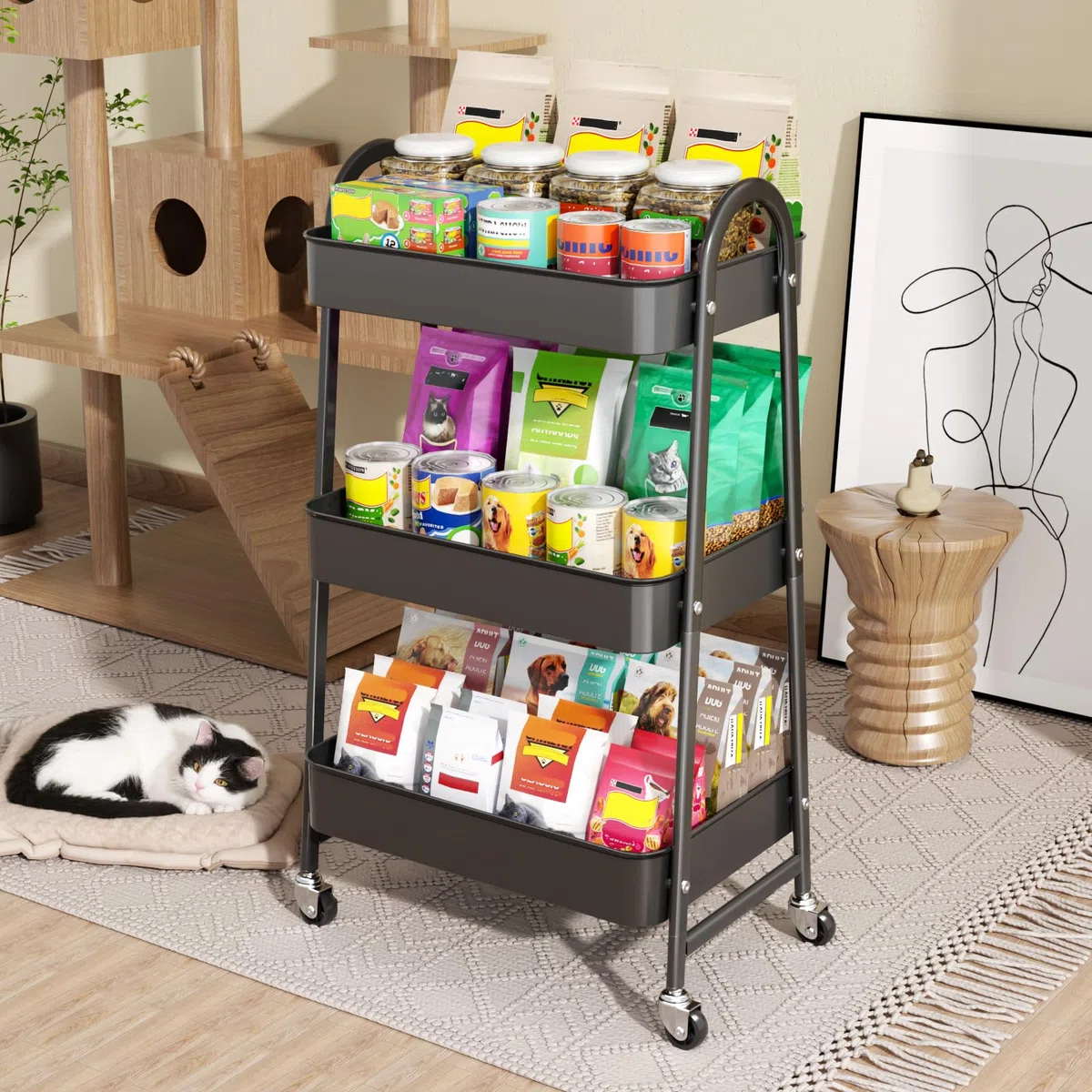 Carrito de Almacenamiento de Metal, Carro de Cocina Metalico con Ruedas, Carrito Auxiliar Multiuso 3 Niveles, Ideal para Frutas, Verduras, Cocina, Salón, Blanco