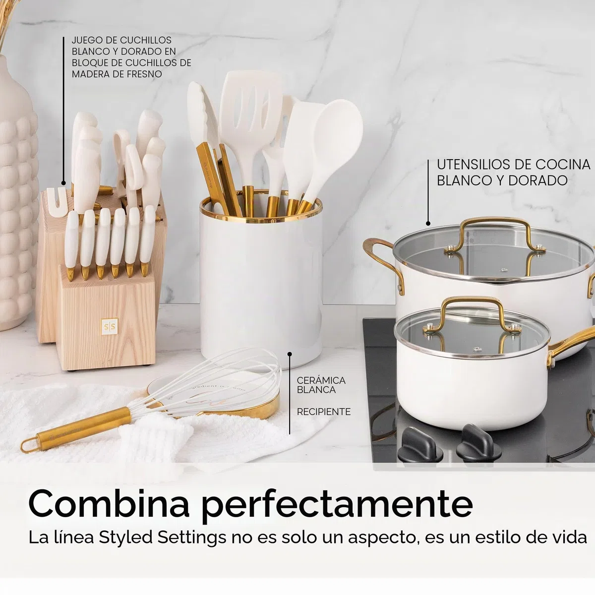 Styled Settings White and Gold - Juego de utensilios de cocina de silicona de 6 piezas con espátula, batidor, pinzas, cuchara y volteador, antiadherentes, sin BPA, accesorios de cocina dorados