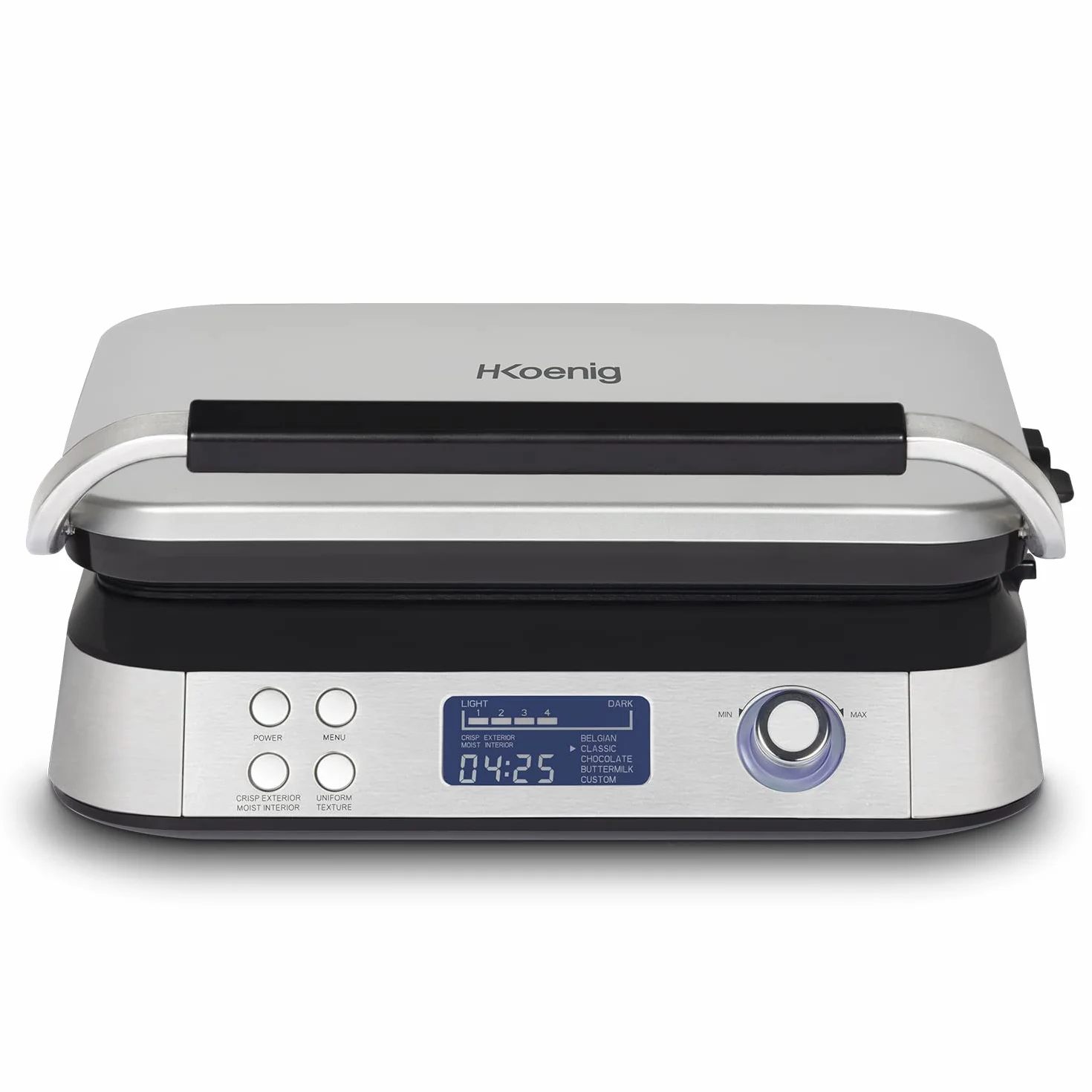 HKoenig GFX800 Gofrera Electrica Programable, Coccion Homogenea, 2 Gofres, LCD Display, 5 Programas, 7 Niveles de Dorado, 1600W