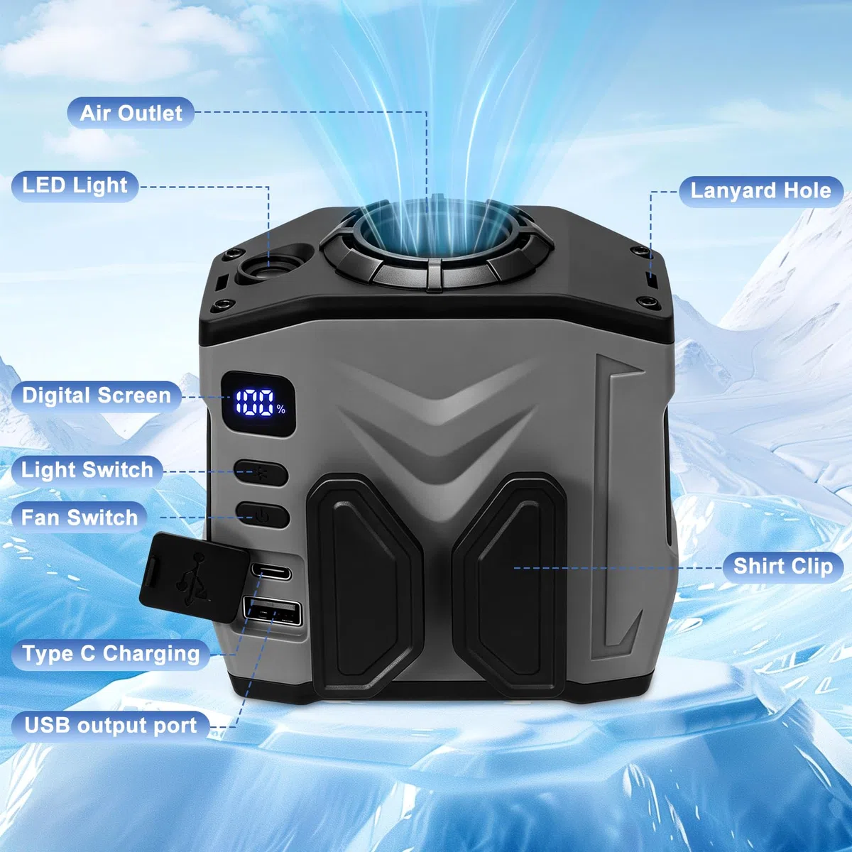 Ventilador de Cintura Portátil, 10000 mAh Recargable, 5 Velocidades, Ventilador Portátil con Clip de Cintura con Iluminación LED, hasta 30 Horas de Autonomía, para Trabajo, Senderismo y Exteriores