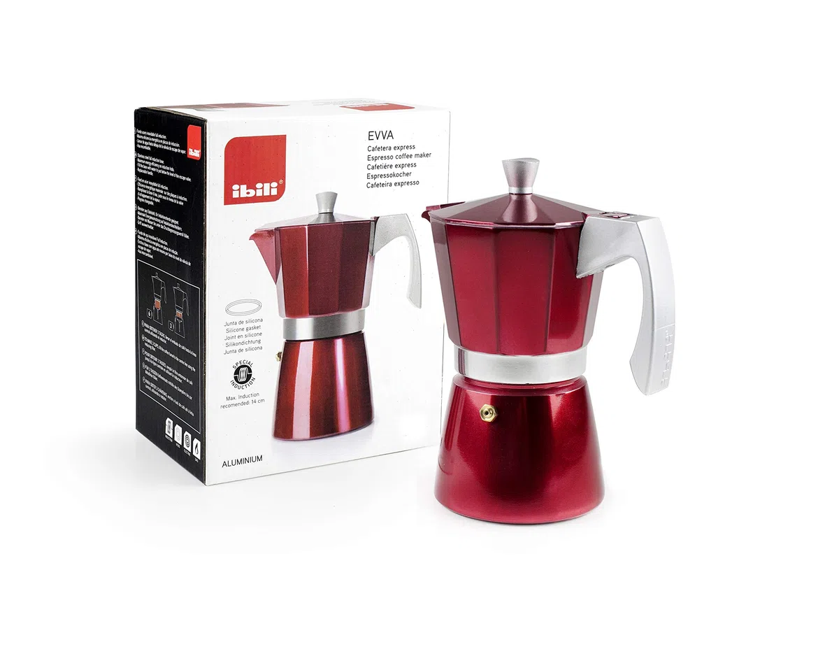 IBILI - Cafetera express Evva Red, 2 tazas, 100 ml, Aluminio fundido, Apto para inducción