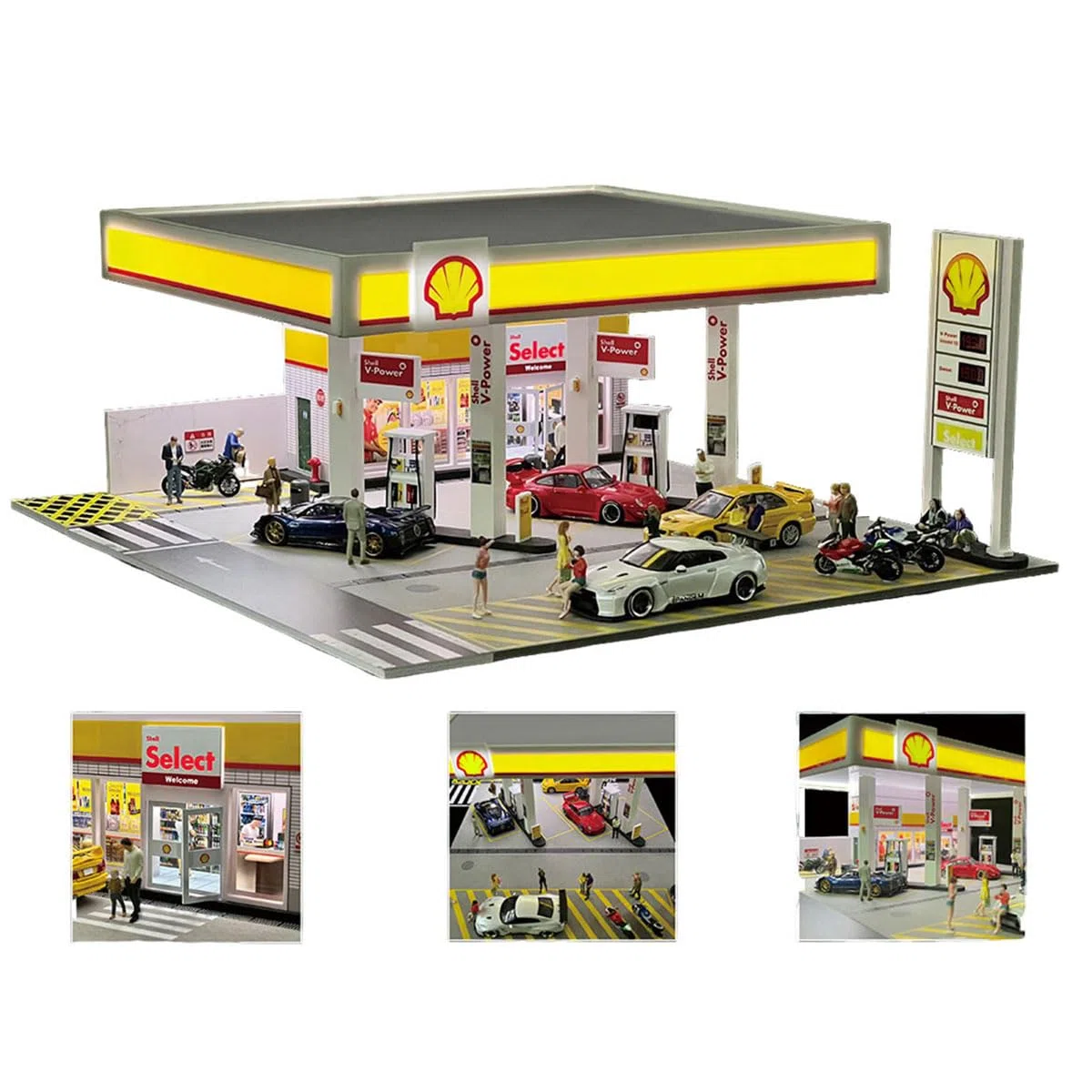 Shell Gasolineras Modelo Shell Gas Station 1:64 Diorama con coche y figura, Escena detallada en miniatura para coleccionistas