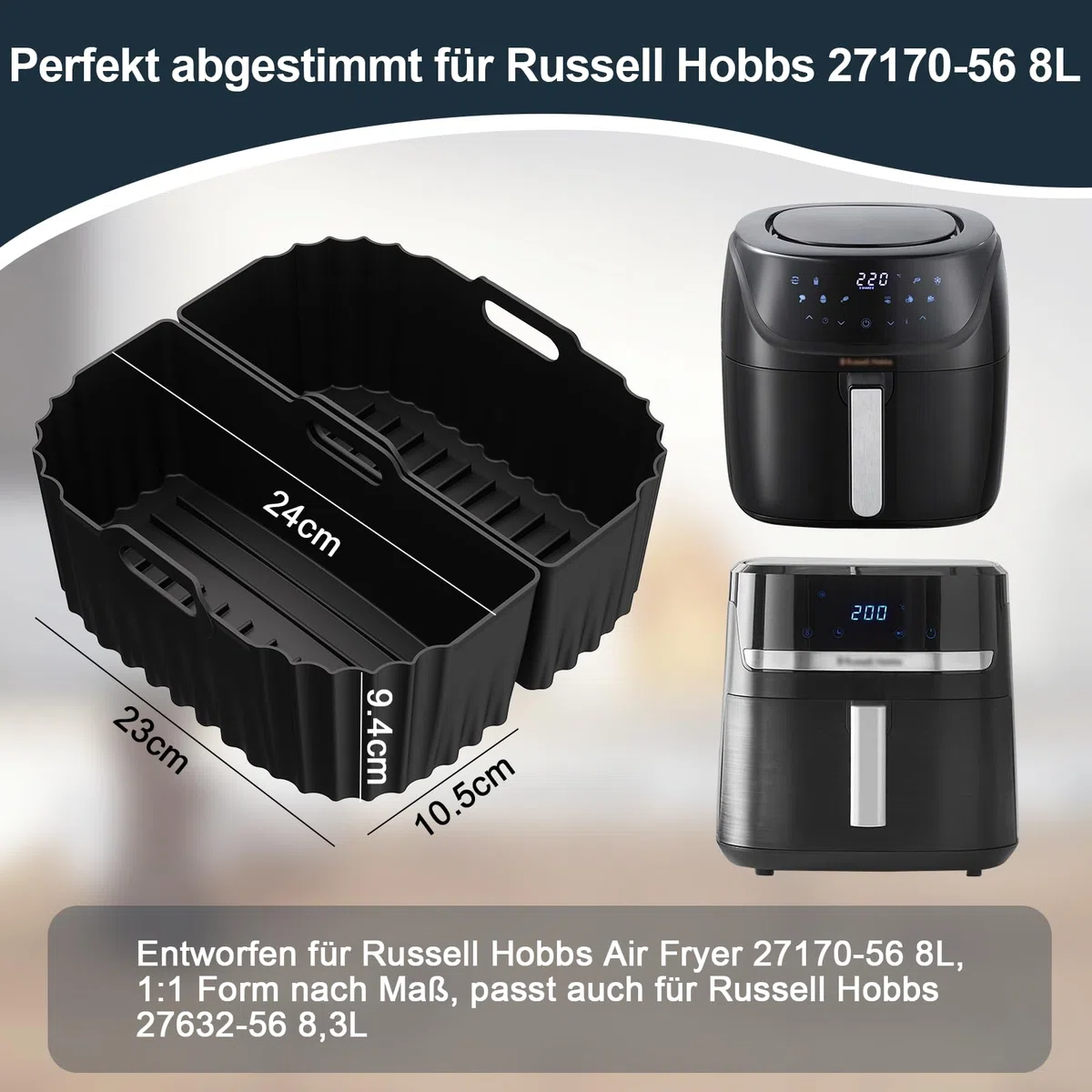Molde Silicona Freidora de Aire para Russell Hobbs XXL 8L (27170-56) / 8,3L(27632-56), Reutilizable Recipientes Cuadrado Airfryer Accessoire Cesta Utensilios Antiadherente, Sin BPA (3 Piezas)