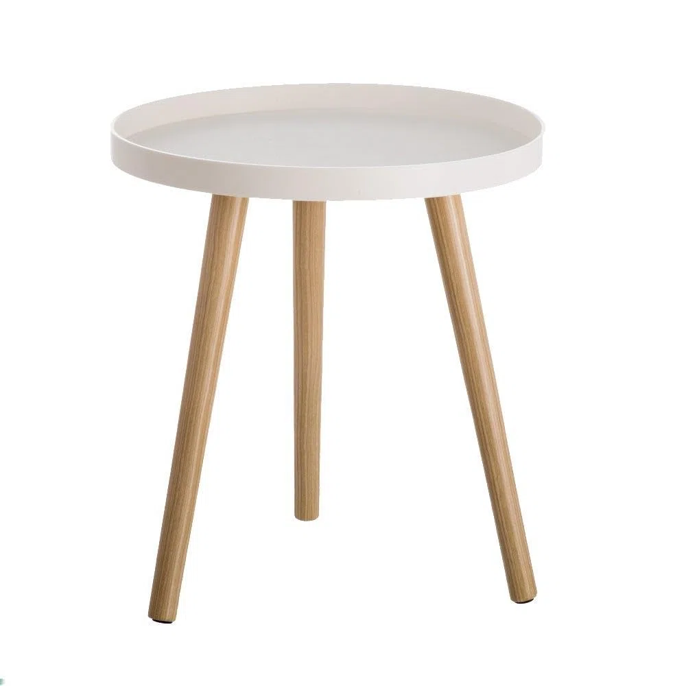 LOLAhome - Mesa Auxiliar de Polipropileno Blanco con 3 Patas de Madera de 40 cm de Diámetro y 43 cm de Altura Moderna para Salón o Dormitorio