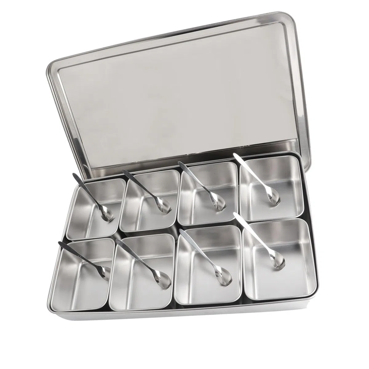 Caja de Condimentos de Acero Inoxidable con 8 Compartimentos, Recipientes Multiusos para Almacenamiento de Condimentos con Rejilla Interior Desmontable y Cuchara, para Especias
