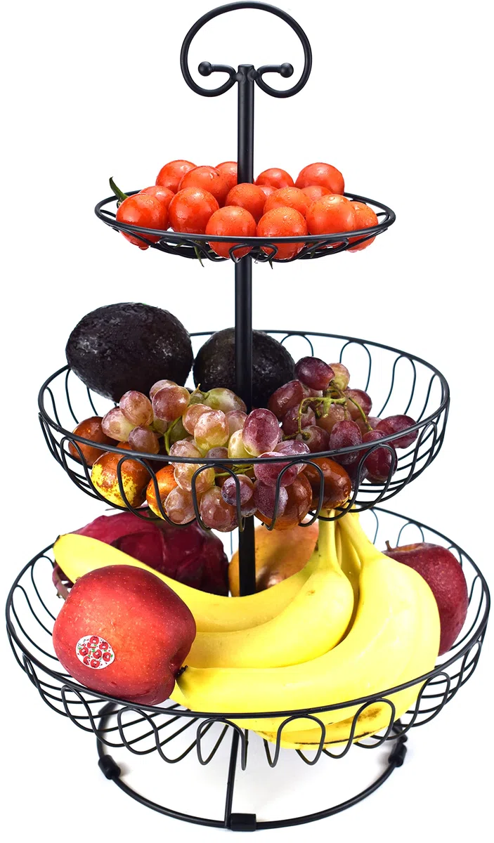 Azatemgo Cesta de Frutas Metal - Elegante Soporte 3 Niveles, Capacidad Extra, Fruteros Modernos de Cocina, Negro 30 x 45 cm