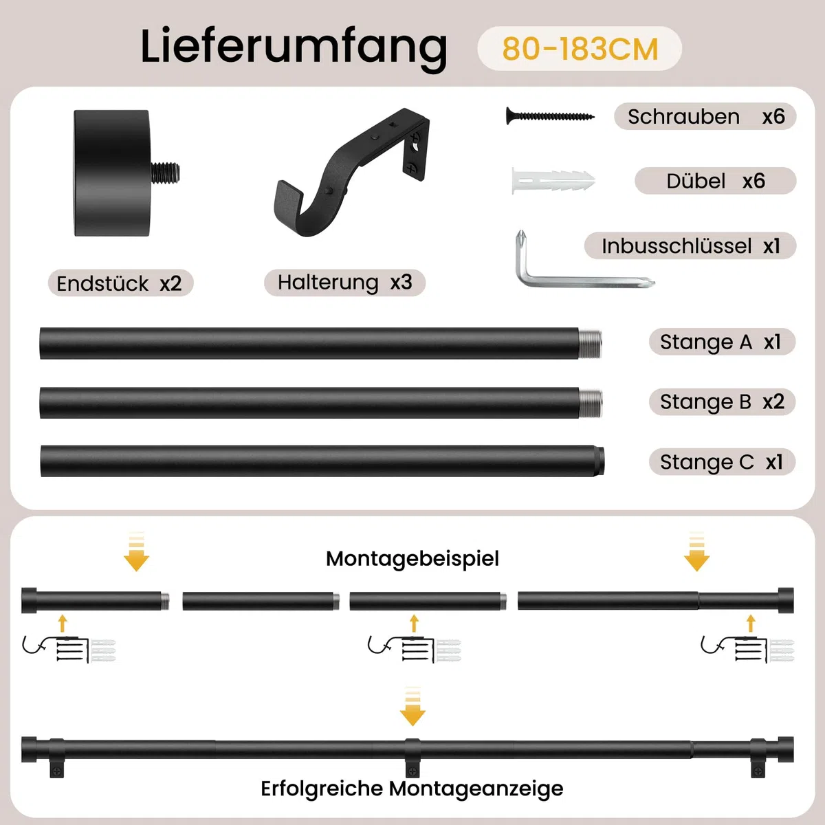 Barra de Cortina Negro, 80-183 cm Barra extensible de 25 mm de diámetro, capacidad de carga máxima de 15 kg, ideal para terrazas, puertas correderas de vidrio y salas de estar.