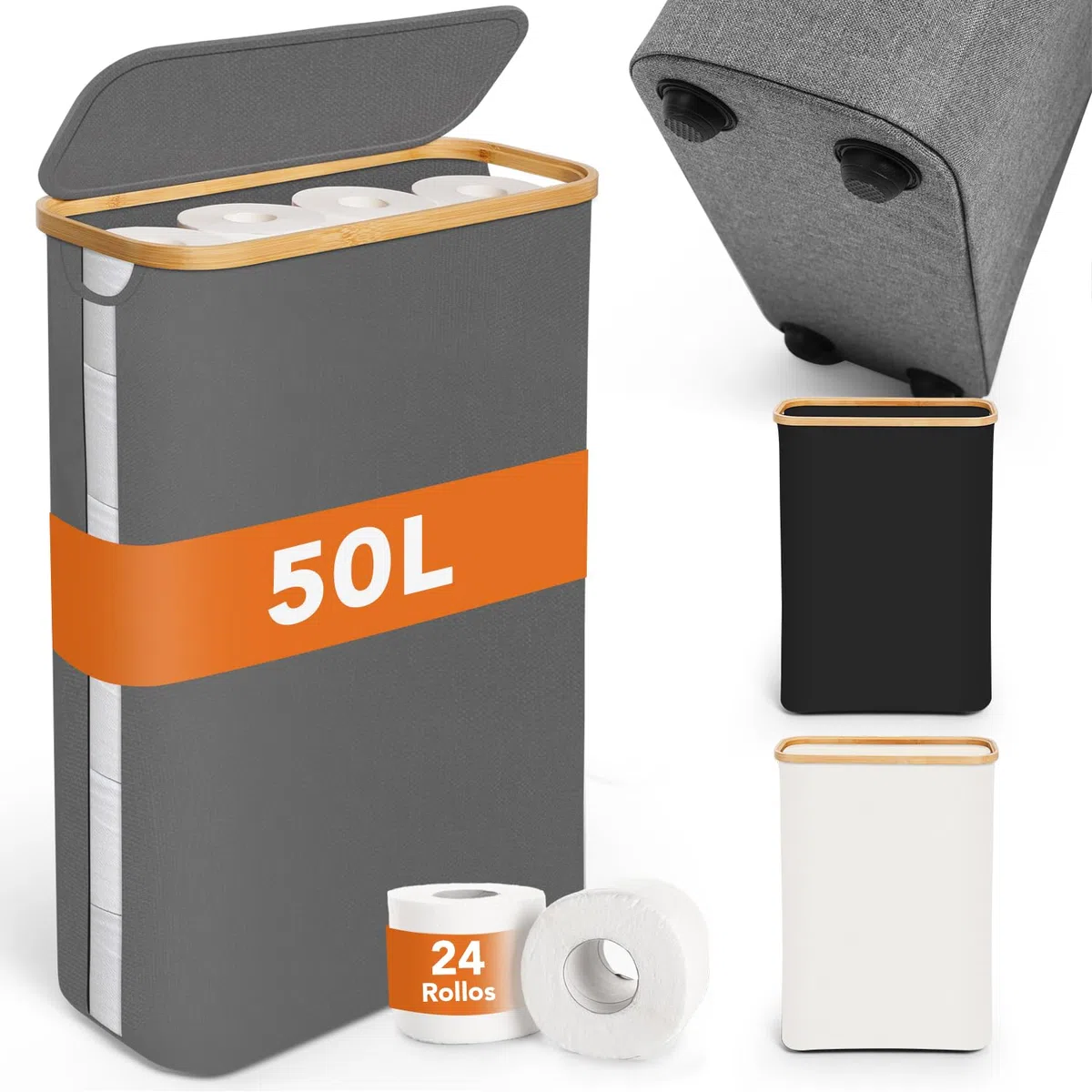 SOUTHGATE 50L Grande Cesta de Almacenamiento de Papel Higiénico con Tapa de Bambú, Capaz Para 16-24 Rollos de Papel, Almacenamiento de Rollos de Visibilidad, con Patas, Organizador de BañO con Asa