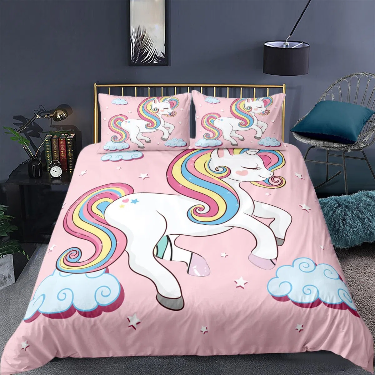 Juego de 3 fundas de edredón para niños y niñas con dibujos animados de unicornio, lindo unicornio, arcoíris y unicornios para niños y niñas (B, 135 x 200 cm)