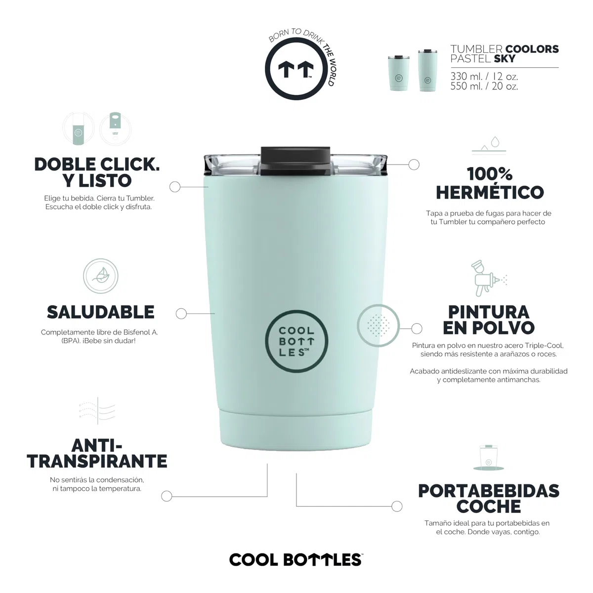 Cool Bottles - Vaso Térmico de Acero Inoxidable 330 ml - Pastel Sky - Tapa Hermética - Vaso para Café - Bebidas Frías 10 horas y Calientes 5 horas - Libre de BPA