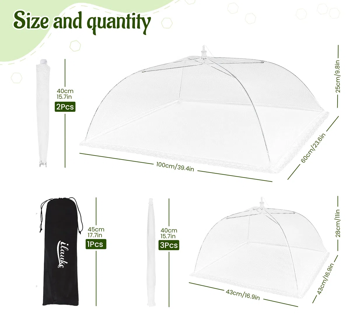 ilauke Grande Cubierta de Malla Plegable para Alimentos, 5 Cubierta de Comida Plegable Reutilizables con Bolsa de Almacenamiento, para Tartas, Frutas, Barbacoa, Fiesta,Buffet,Picnic,Camping,Blanco