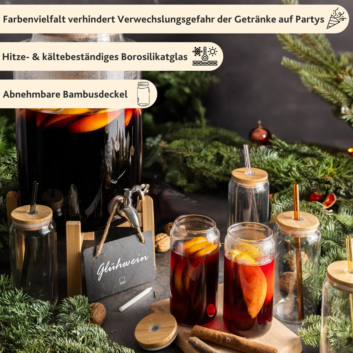 Sänger Juego de cuencos con pajitas de cristal y vasos, recipiente con tapa de madera, dispensador de bebidas con grifo, incluye 6 vasos, dispensador de bebidas para vino caliente y bote, recipiente