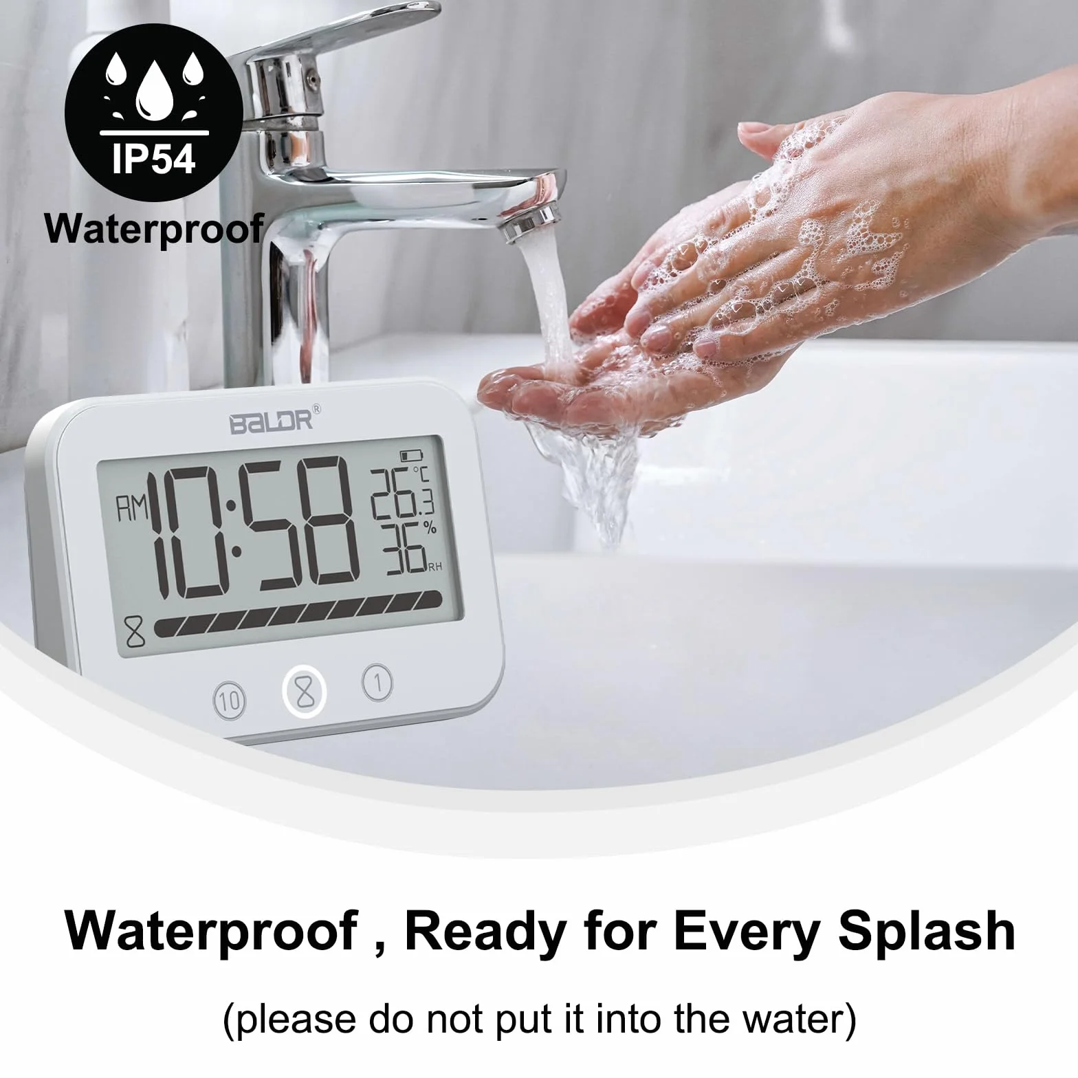 Reloj de baño digital, IP54 impermeable reloj de ducha con temperatura y humedad, temporizador de cuenta regresiva de 99 minutos con alarma, temporizador con 2 ganchos adhesivos y 2 ventosas