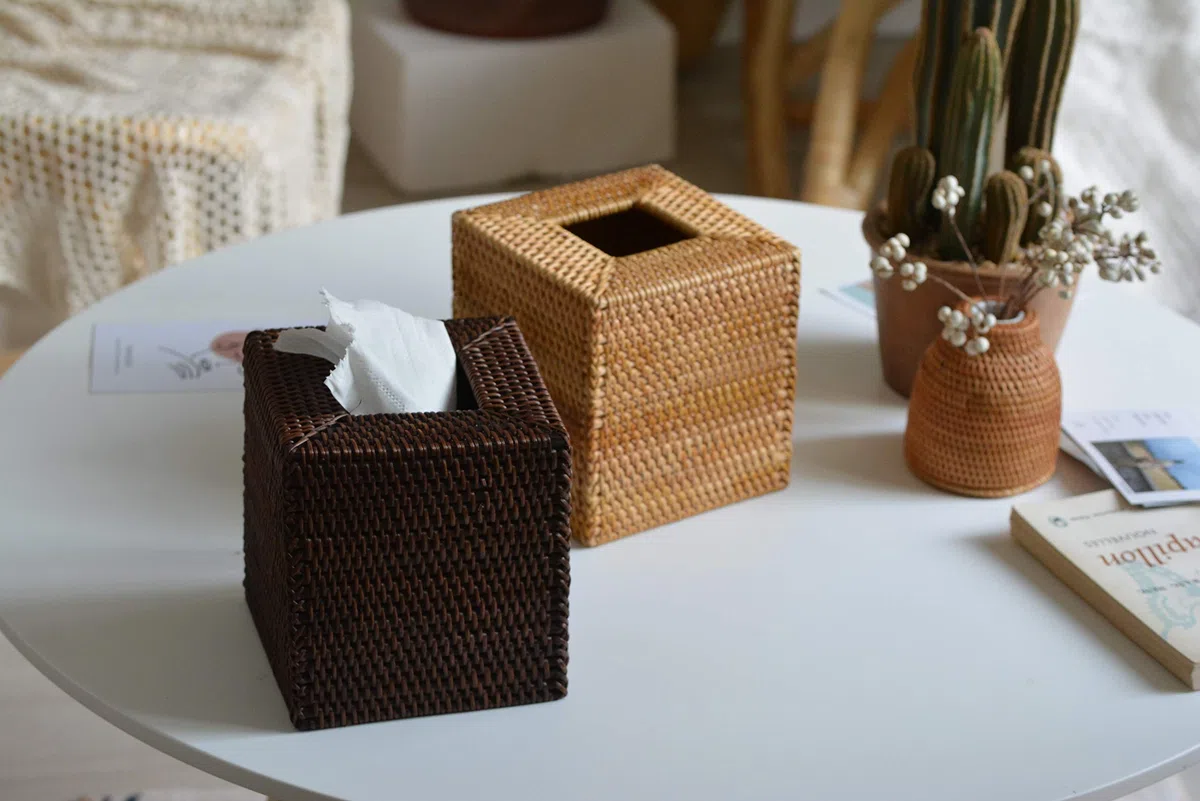 Caja de pañuelos de Mimbre Cuadrada, Caja de Pañuelos de Papel de Ratán para Decoración Hogar y Oficina,14,5 x 14,5 x 14,5 cm, Amarillo