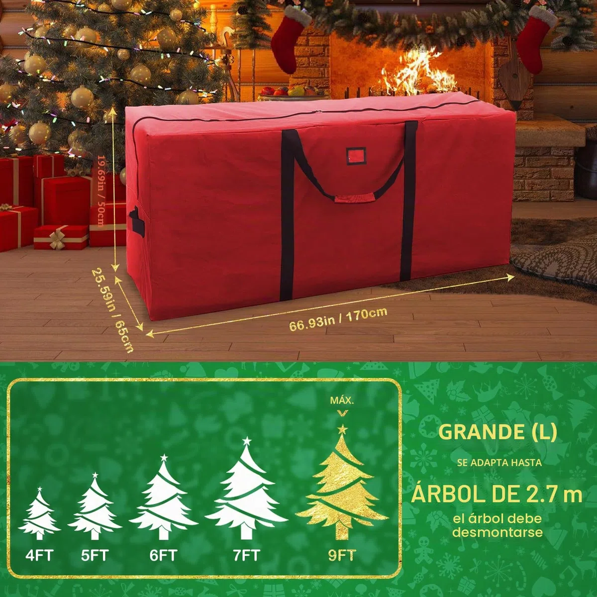 Bolsa Arbol De Navidad, Apta Para Árboles De Navidad De 2.7 M De Altura, Asas Reforzadas Y Resistentes, Contenedores Con Doble Cremallera, Resistente Tela Oxford Impermeable, Color Rojo