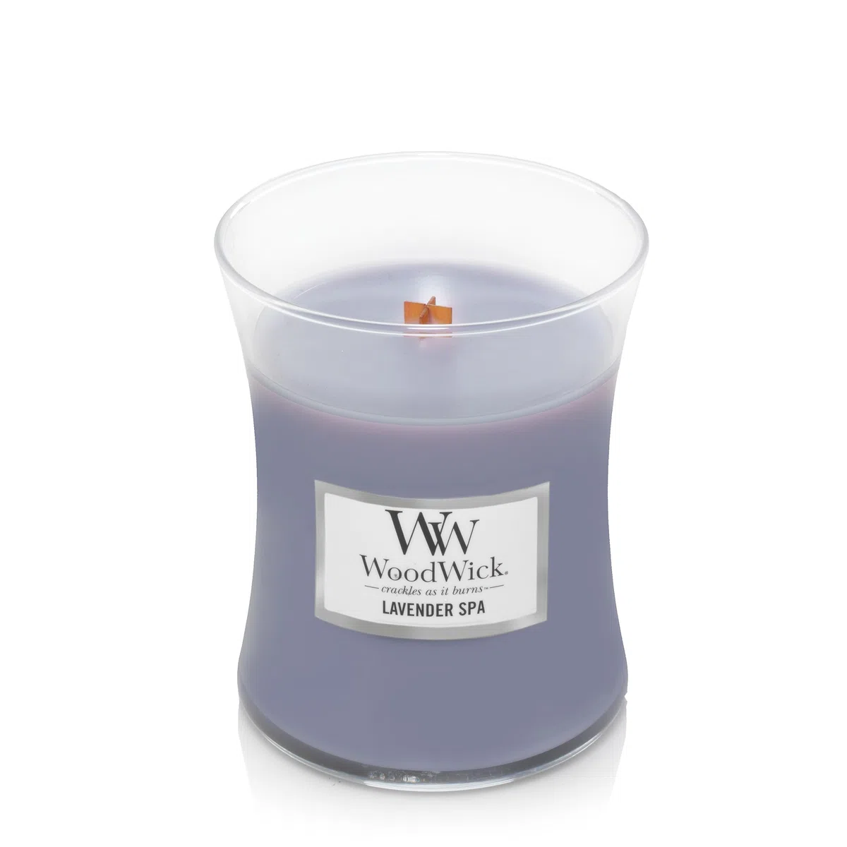 WoodWick Vela perfumada con mecha crepitante | Vela Mediana Lavender Spa | Hasta 20 horas de tiempo de combustión | Regalo ideal para mujer